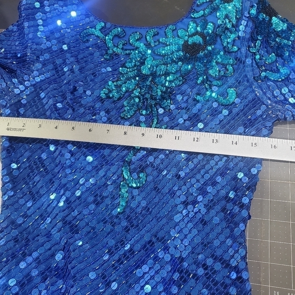 Vintage 80s Nadine Vibrant Blue Floral Sequins Long Sleeve Dress Size Medium - Picture 12 of 16
